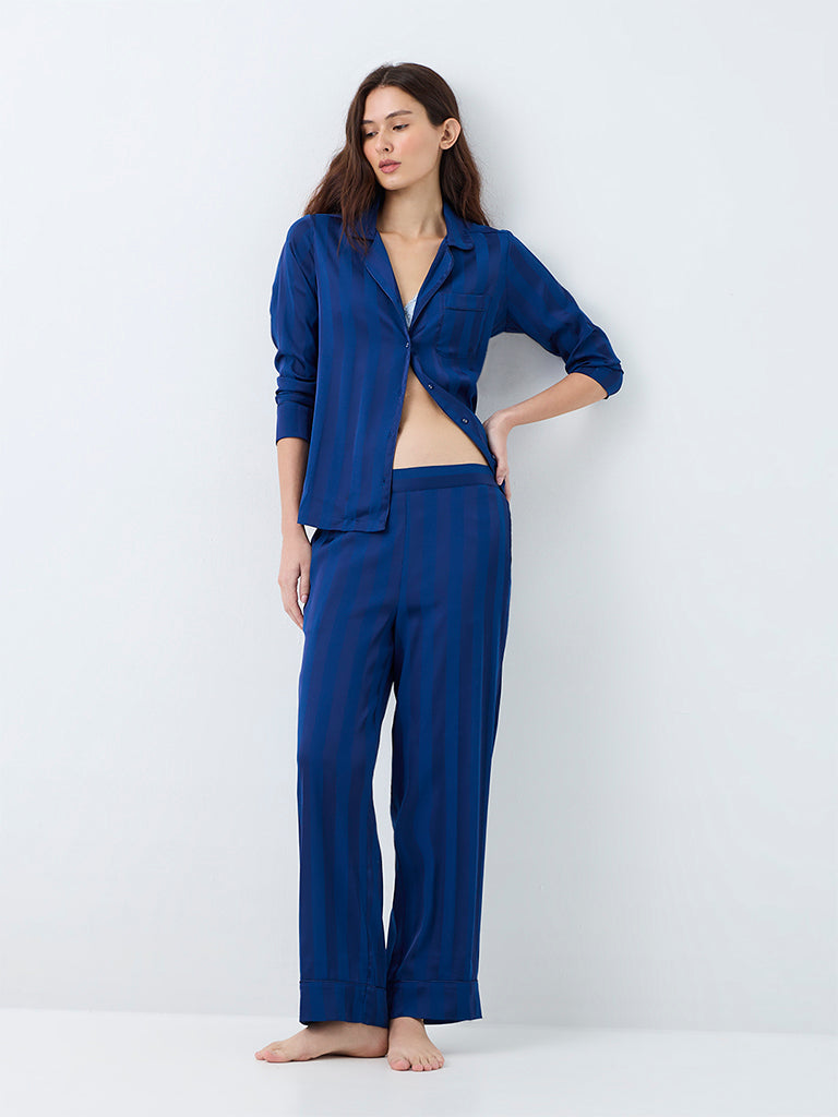 Wunderlove Dark Blue Striped Shirt and Pyjama Sets