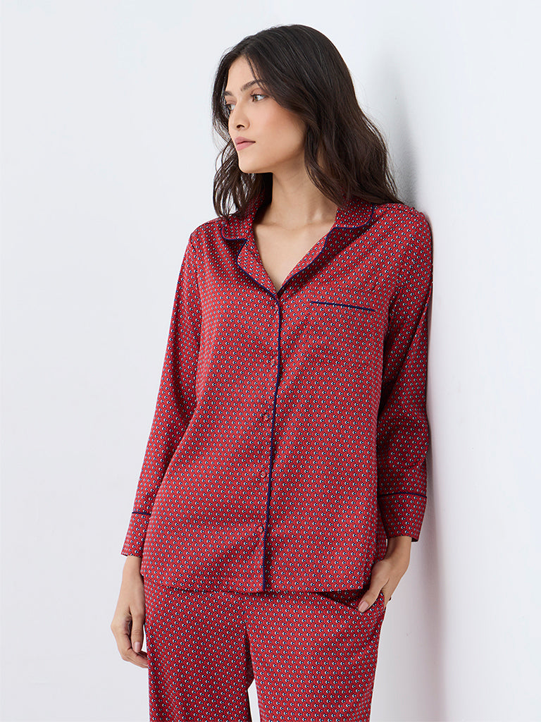 Wunderlove Red Printed Shirt and Pyjama Set