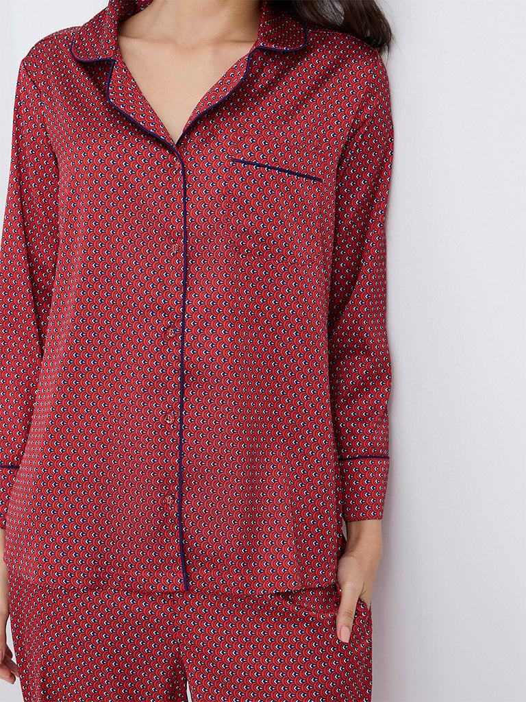 Wunderlove Red Printed Shirt and Pyjama Set