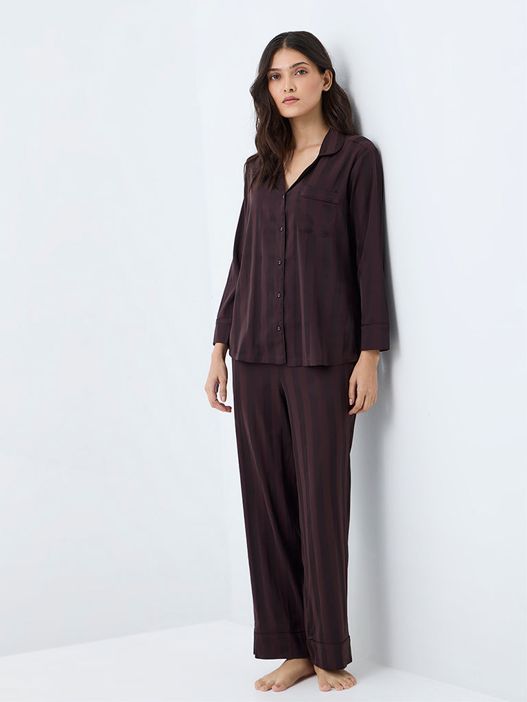 Wunderlove Dark Brown Striped Shirt and Pyjama Set