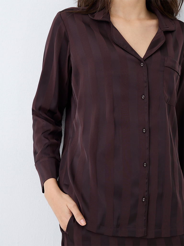 Wunderlove Dark Brown Striped Shirt and Pyjama Set