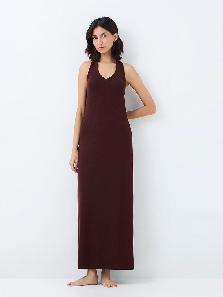 Superstar Dark Brown Ribbed-Textured Maxi Dress