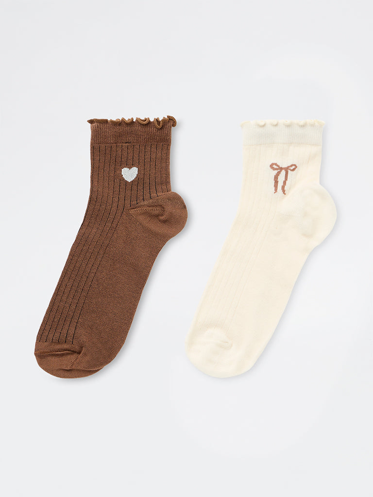Superstar Brown And Cream Ribbed-Textured Cotton-Blend Ankle Socks - Pack of 2