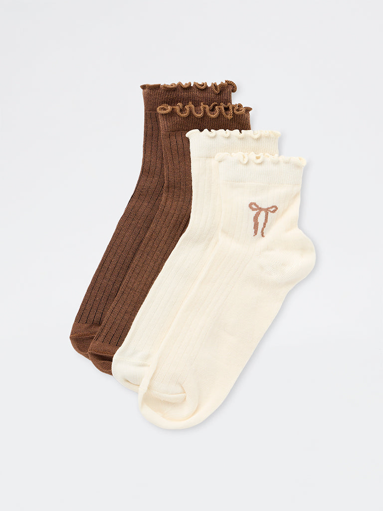 Superstar Brown And Cream Ribbed-Textured Cotton-Blend Ankle Socks - Pack of 2