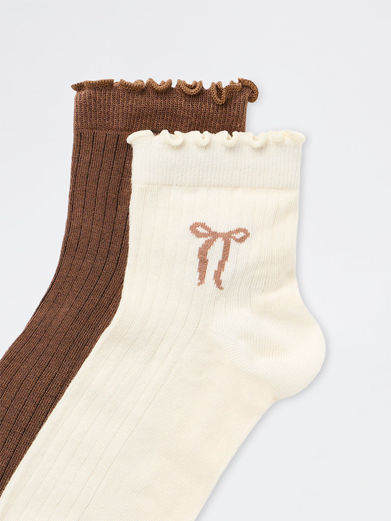 Superstar Brown And Cream Ribbed-Textured Cotton-Blend Ankle Socks - Pack of 2