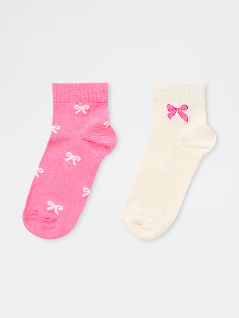 Superstar Pink Bow Design Cotton-Blend Ankle Socks - Pack of 2