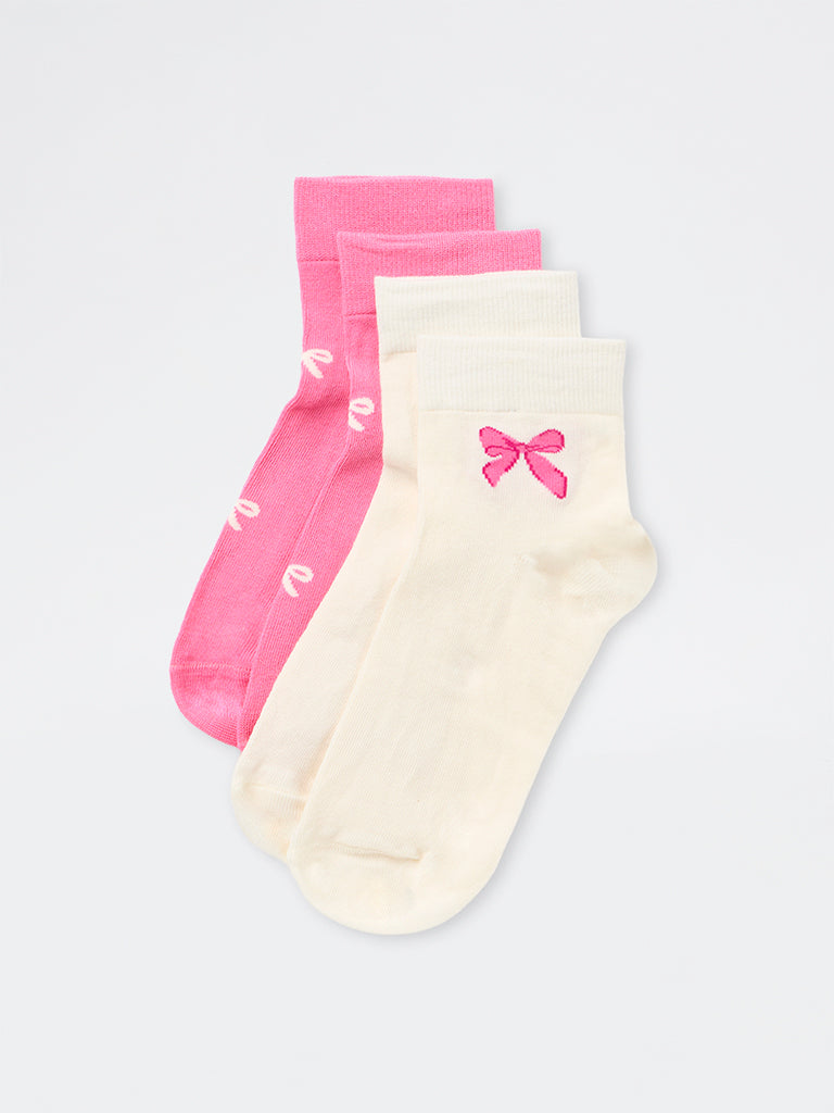 Superstar Pink Bow Design Cotton-Blend Ankle Socks - Pack of 2