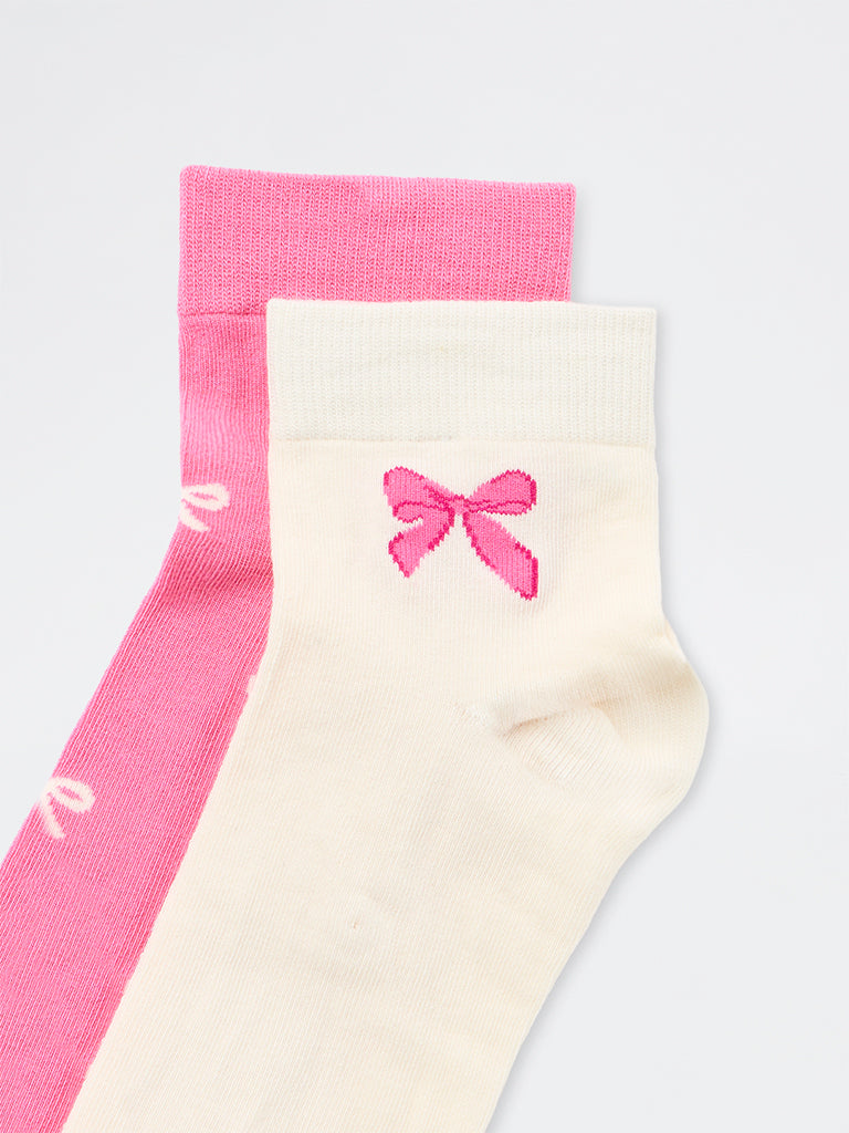Superstar Pink Bow Design Cotton-Blend Ankle Socks - Pack of 2
