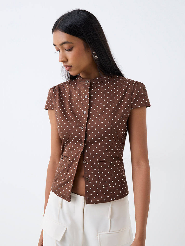 Wardrobe Dark Brown Polka-Dot Printed Cotton Blouse