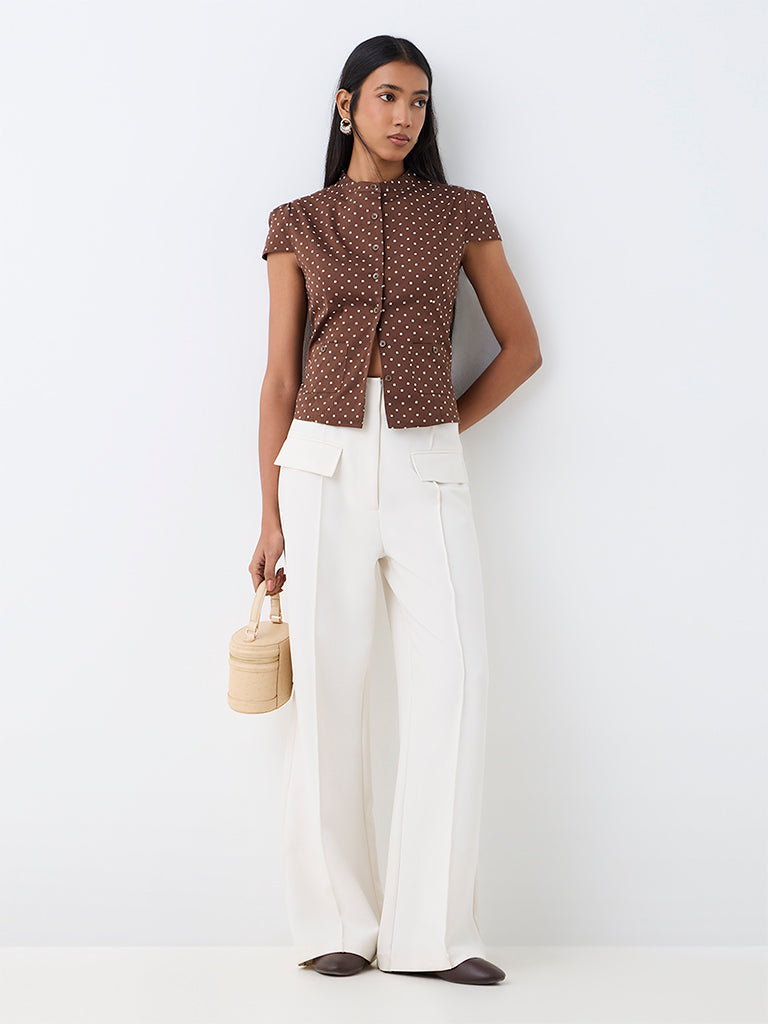 Wardrobe Dark Brown Polka-Dot Printed Cotton Blouse