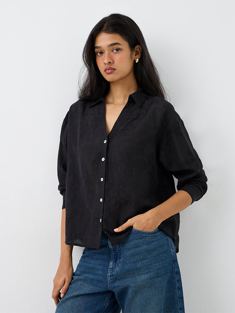 LOV Black Floral Jacquard Shirt