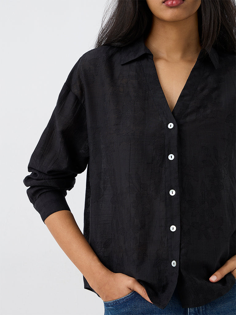 LOV Black Floral Jacquard Shirt