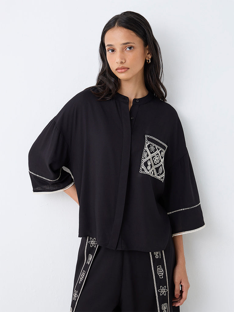 LOV Black Embroidered Blouse