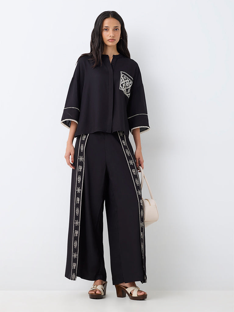 LOV Black Embroidered Blouse