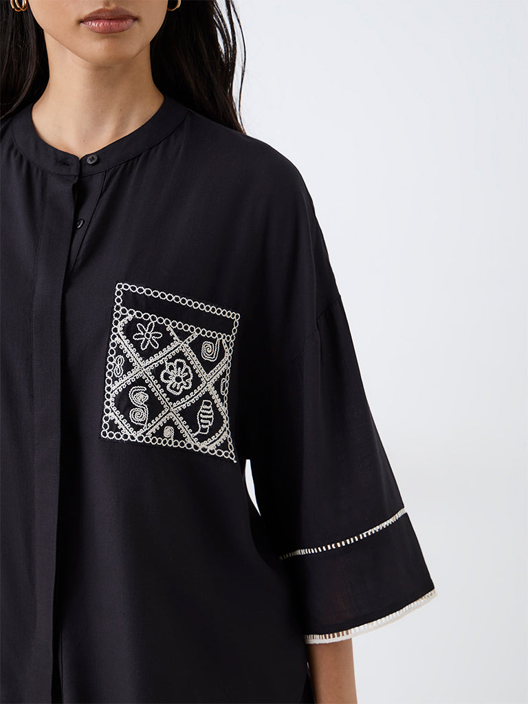 LOV Black Embroidered Blouse