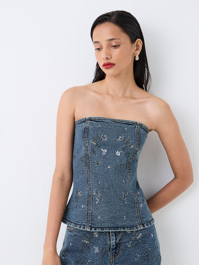 LOV Blue Floral Embellished Denim Tube Top