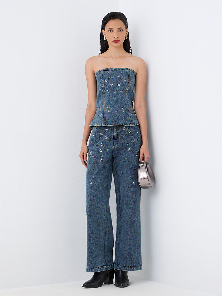 LOV Blue Floral Embellished Denim Tube Top