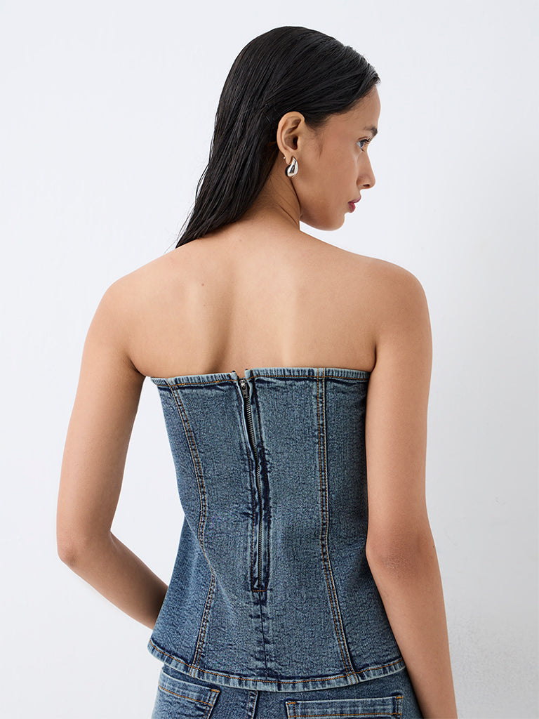 LOV Blue Floral Embellished Denim Tube Top