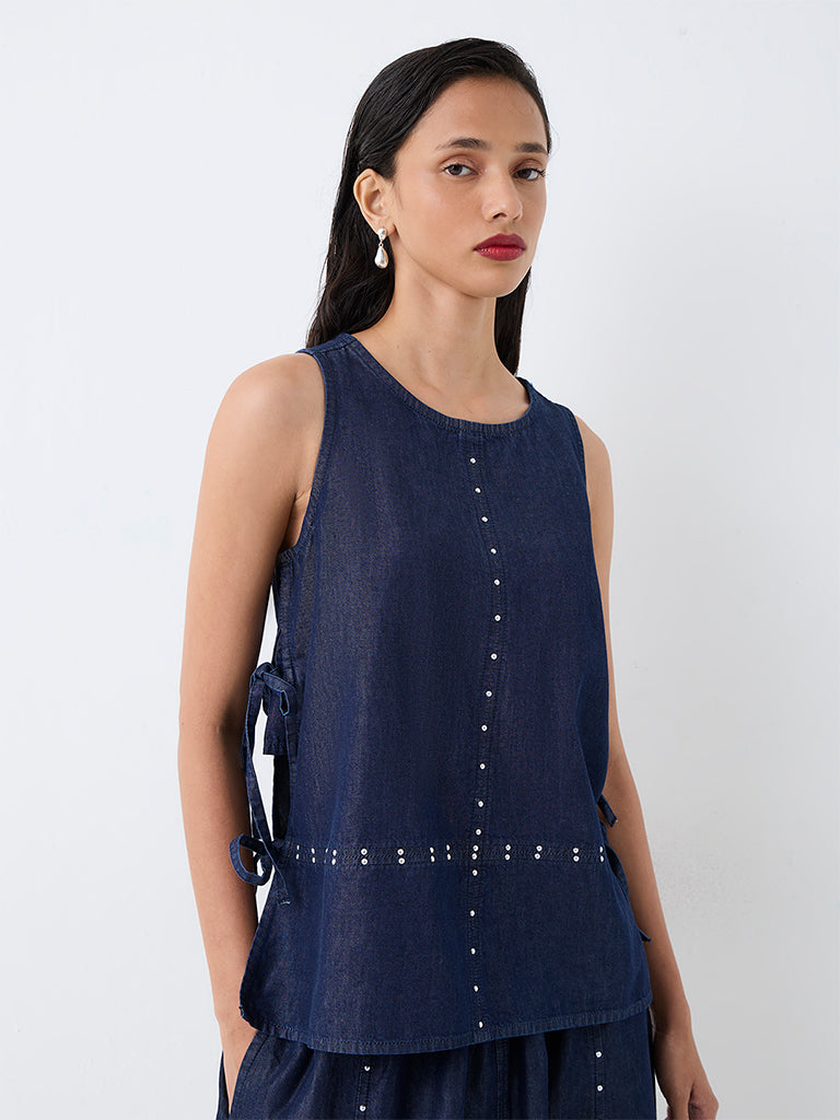LOV Dark Blue Studded Tie-Up Detail Denim Top
