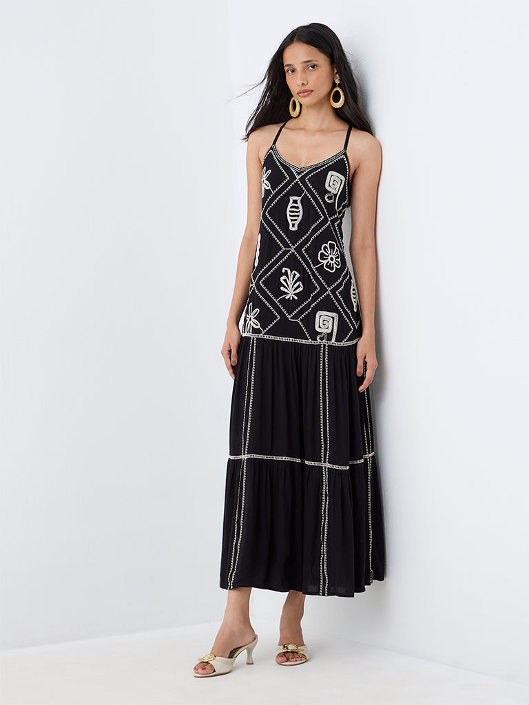 LOV Black Embroidered Drop-Waist Cotton Dress