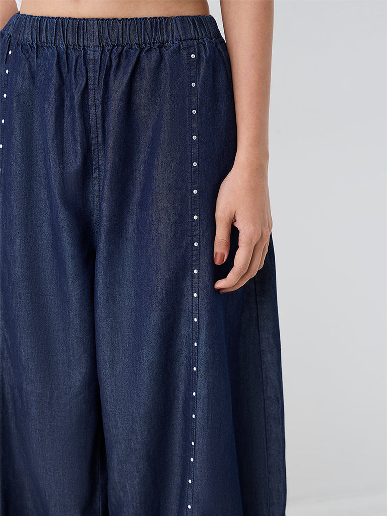 LOV Dark Blue Stud-Detail High-Rise Balloon Denim Pants