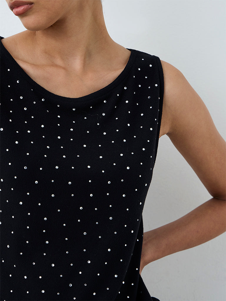 LOV Black Embellished Ribbed Cotton-Blend Top