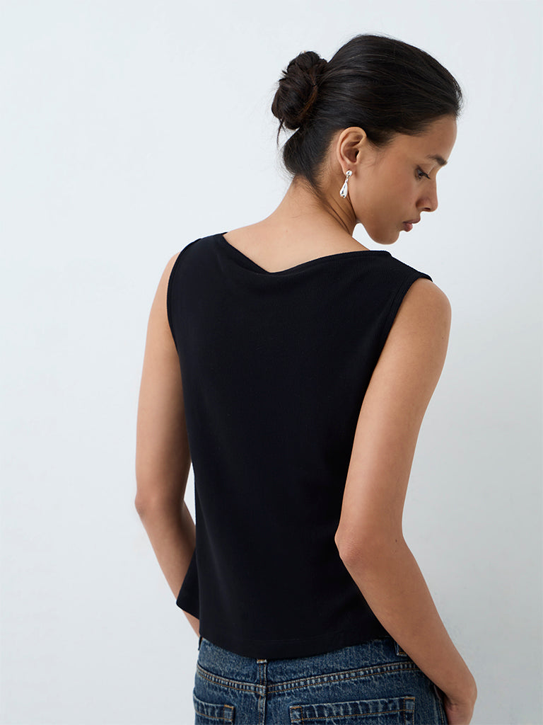LOV Black Embellished Ribbed Cotton-Blend Top