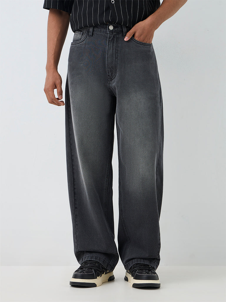 Nuon Charcoal Washed Barrel-Fit Mid-Rise Jeans