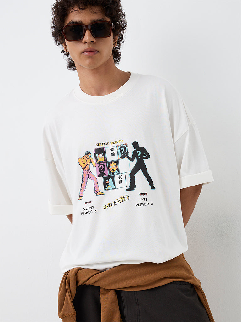 Nuon White Graphic Printed Oversized-Fit Cotton T-Shirt