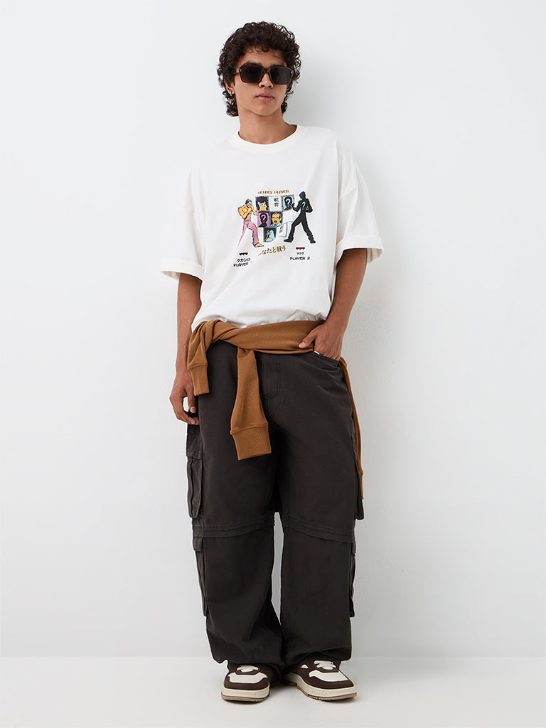 Nuon White Graphic Printed Oversized-Fit Cotton T-Shirt