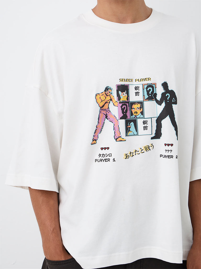 Nuon White Graphic Printed Oversized-Fit Cotton T-Shirt