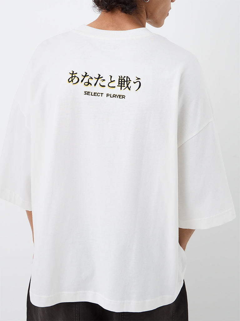 Nuon White Graphic Printed Oversized-Fit Cotton T-Shirt