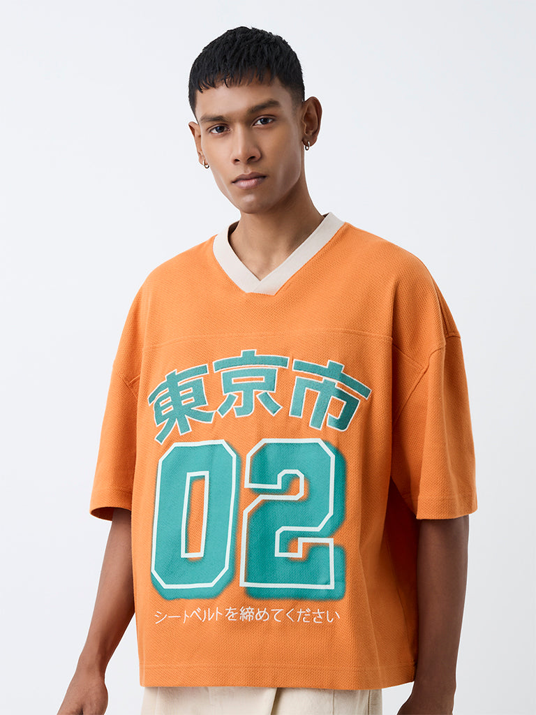 Nuon Orange Printed Oversized-Fit Cotton T-Shirt
