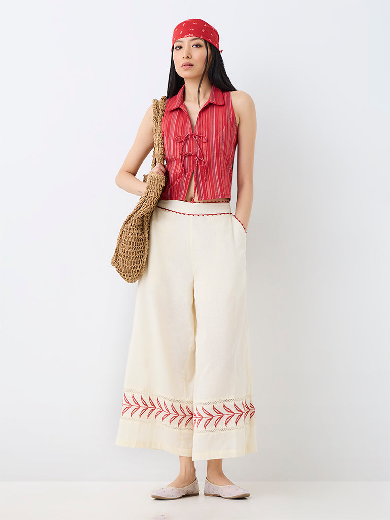 Bombay Paisley Off-White Botanical Embroidered High-Rise Cotton-Blend Palazzos