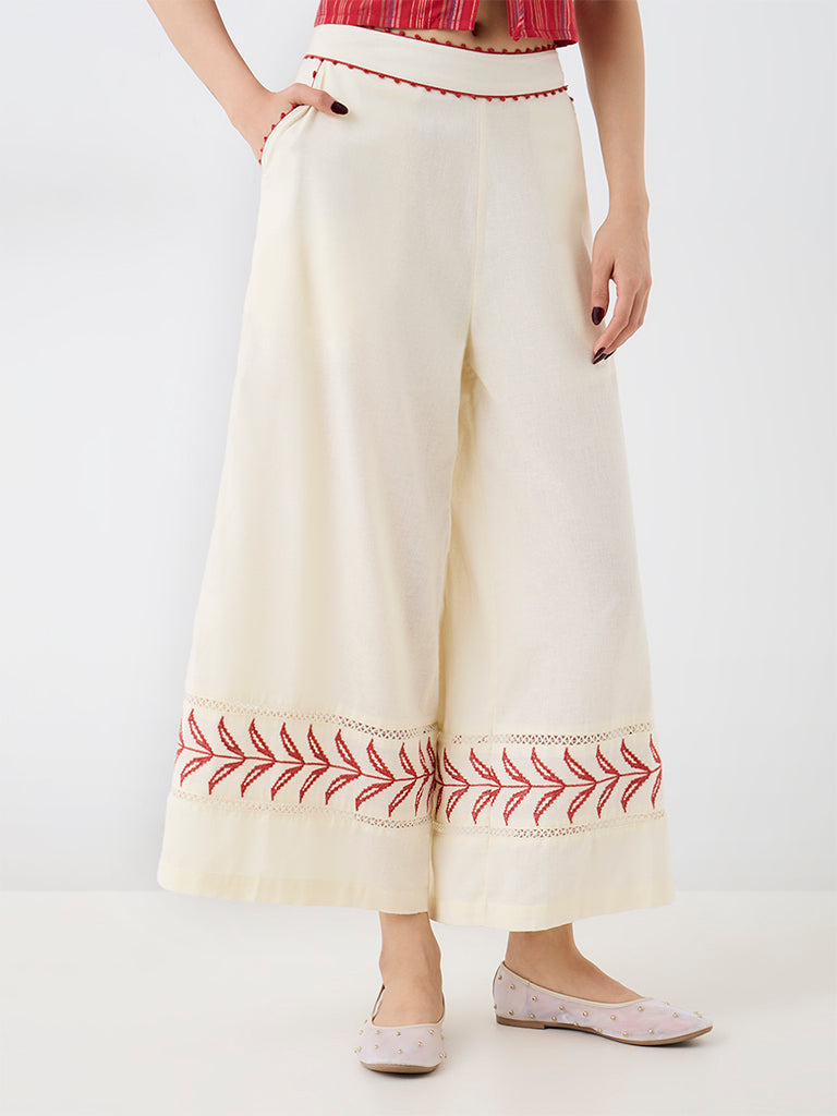Bombay Paisley Off-White Botanical Embroidered High-Rise Cotton-Blend Palazzos