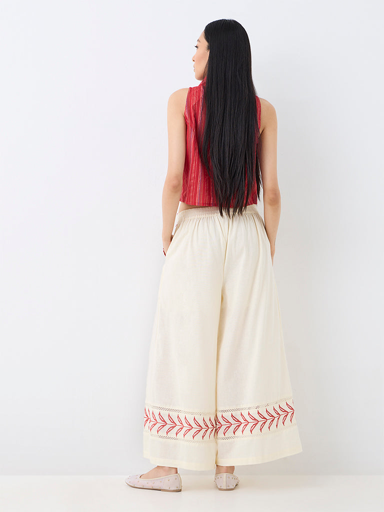 Bombay Paisley Off-White Botanical Embroidered High-Rise Cotton-Blend Palazzos