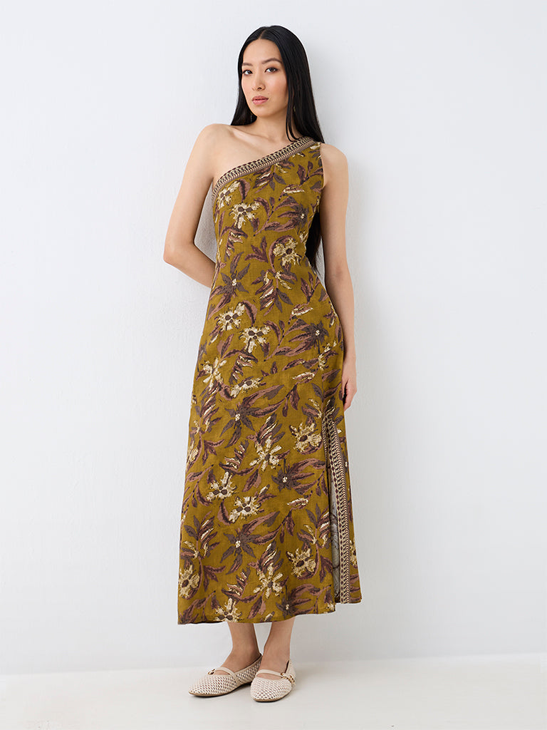 Bombay Paisley Dark Mustard Floral Printed One-Shoulder Dress