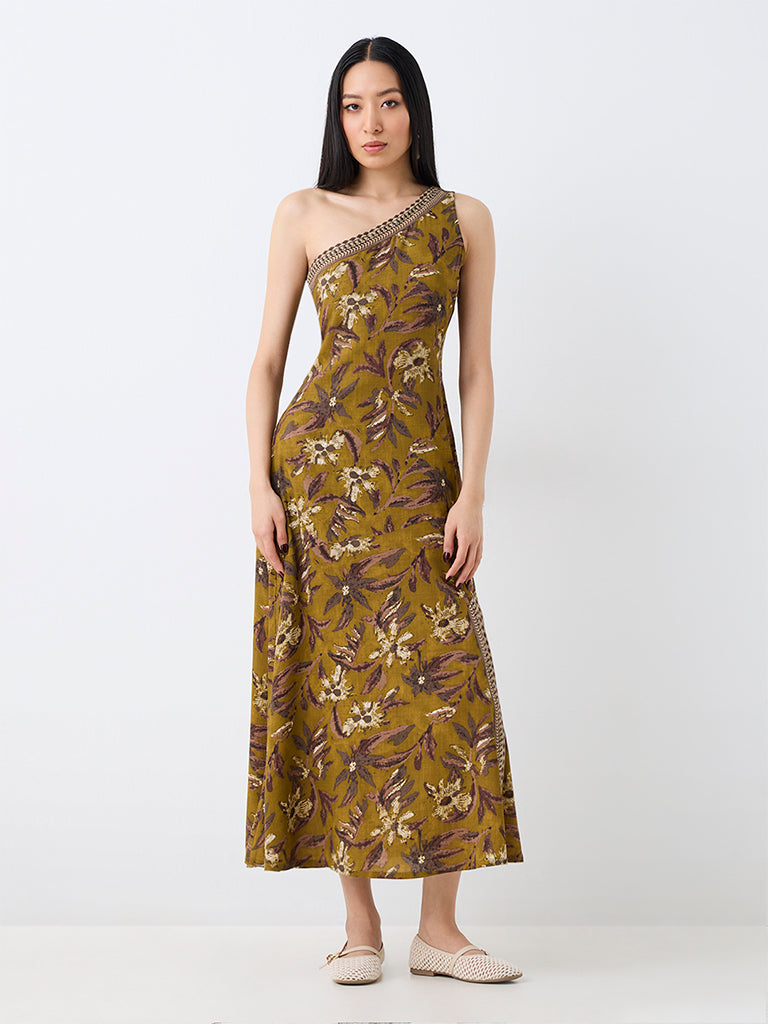Bombay Paisley Dark Mustard Floral Printed One-Shoulder Dress