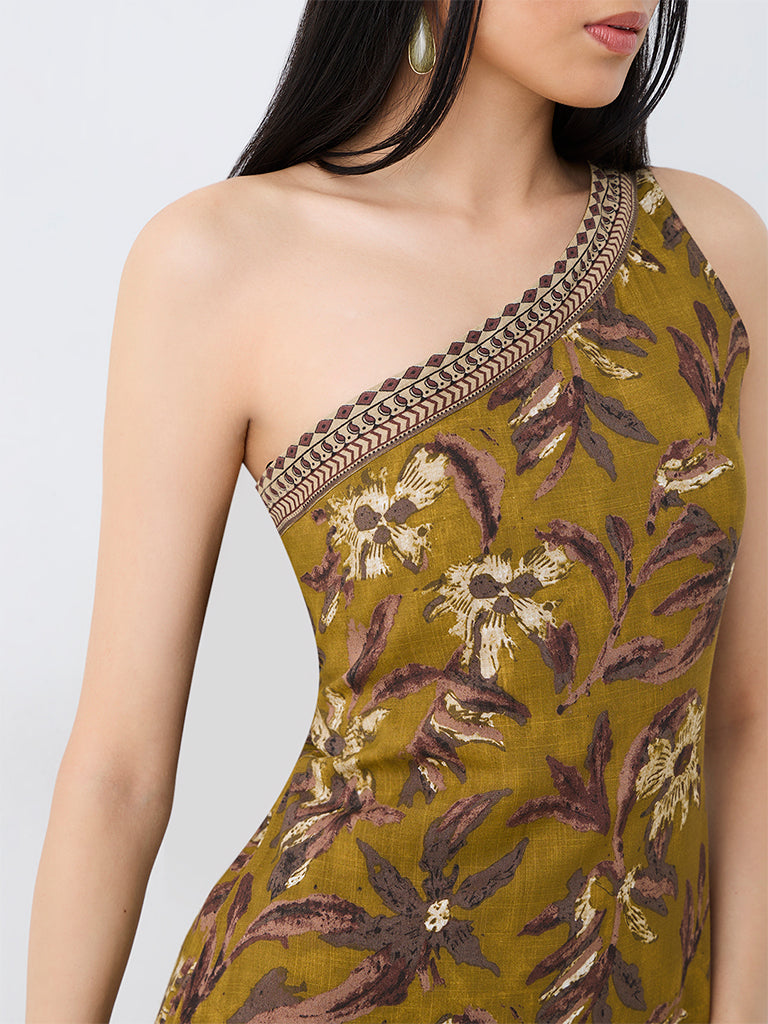 Bombay Paisley Dark Mustard Floral Printed One-Shoulder Dress