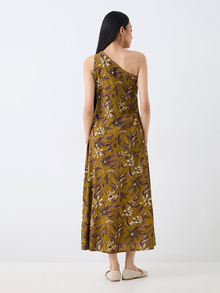 Bombay Paisley Dark Mustard Floral Printed One-Shoulder Dress