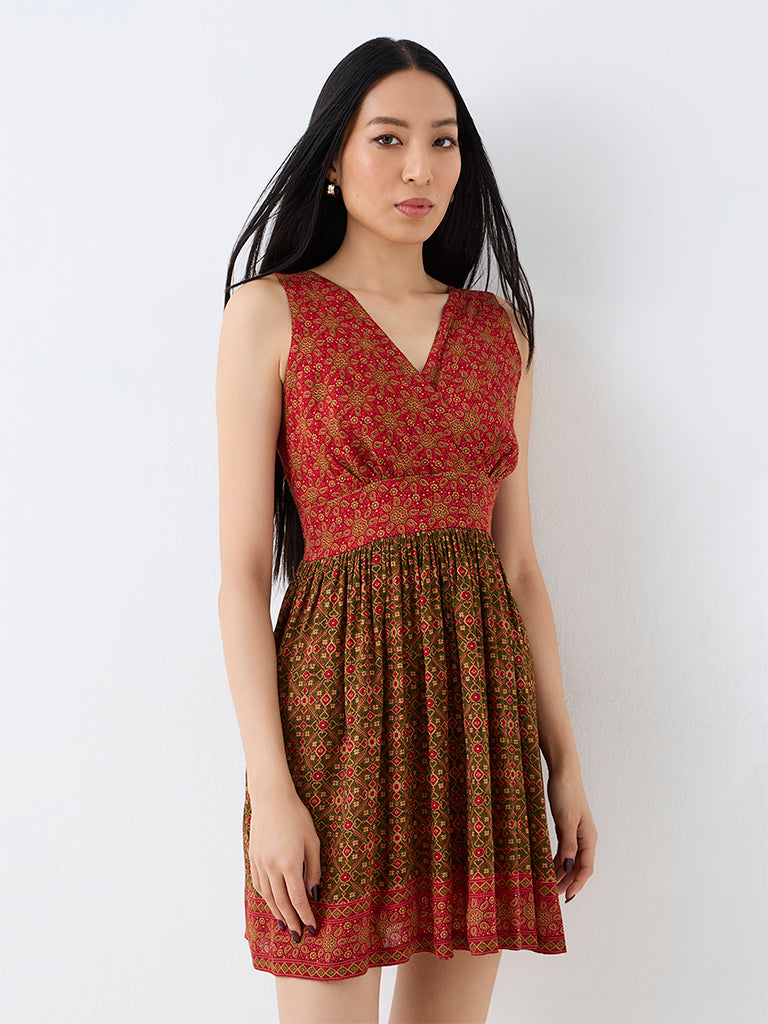 Bombay Paisley Red Floral Printed Fit-and-Flare Dress