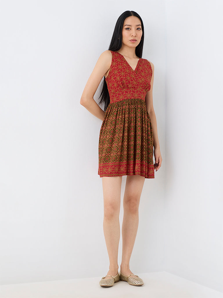 Bombay Paisley Red Floral Printed Fit-and-Flare Dress