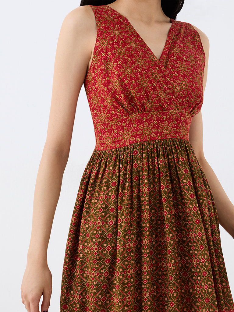 Bombay Paisley Red Floral Printed Fit-and-Flare Dress