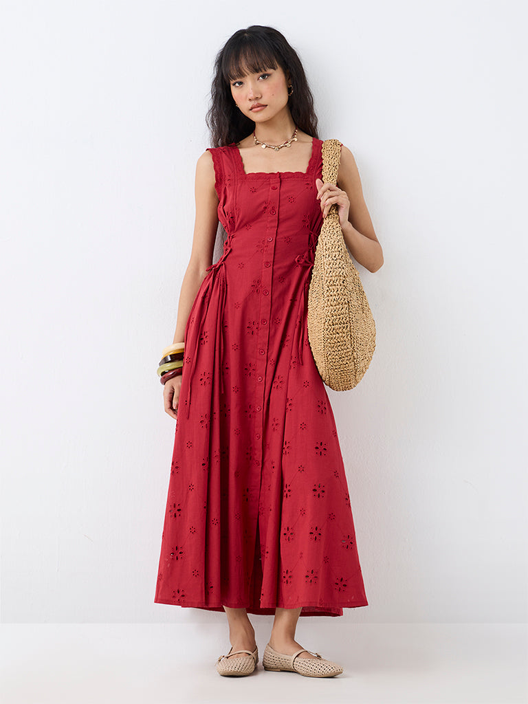 Bombay Paisley Red Schiffli Embroidered A-Line Dress