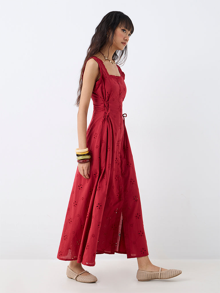 Bombay Paisley Red Schiffli Embroidered A-Line Dress