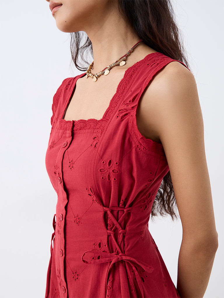 Bombay Paisley Red Schiffli Embroidered A-Line Dress
