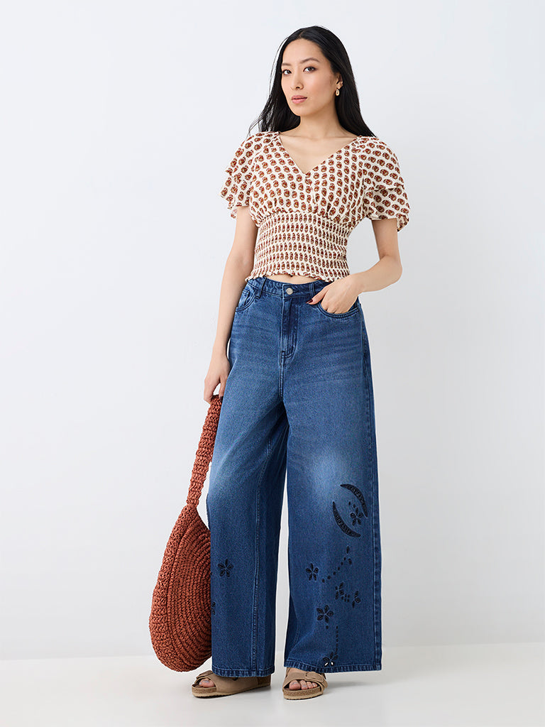 Bombay Paisley Off-White Floral Pattern Smocked Top