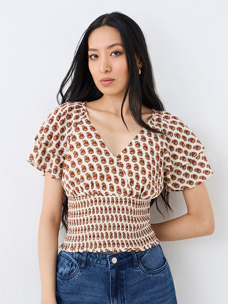 Bombay Paisley Off-White Floral Pattern Smocked Top