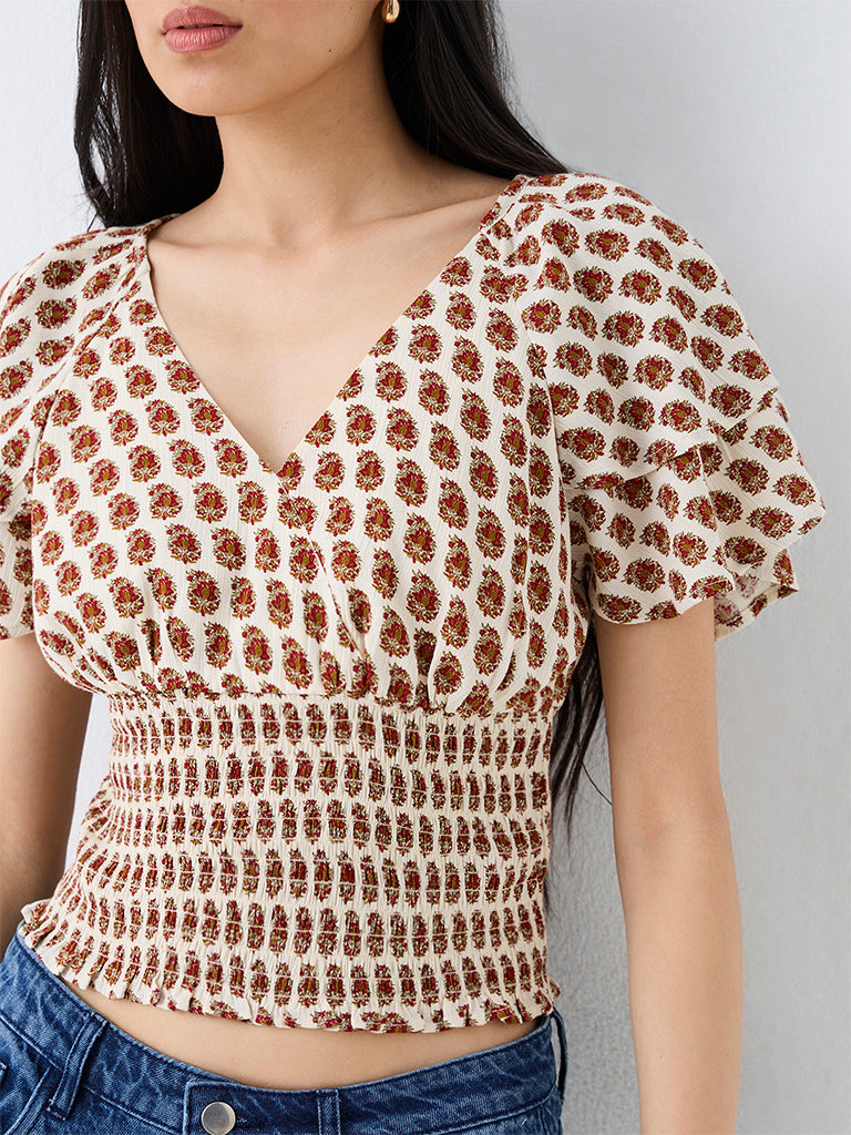 Bombay Paisley Off-White Floral Pattern Smocked Top