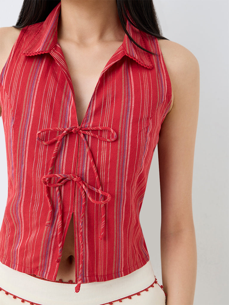 Bombay Paisley Red Striped Tie-Up Cotton Top